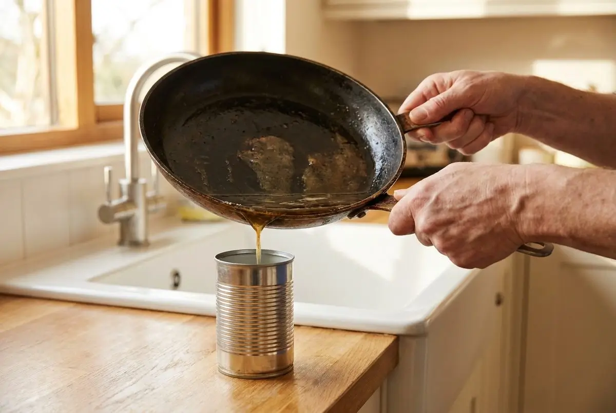 Hands pouring used cooking grease into a metal can instead of down the sink