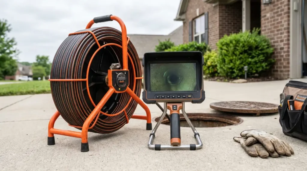 A sewer inspection camera reel and monitor set up on a residential driveway