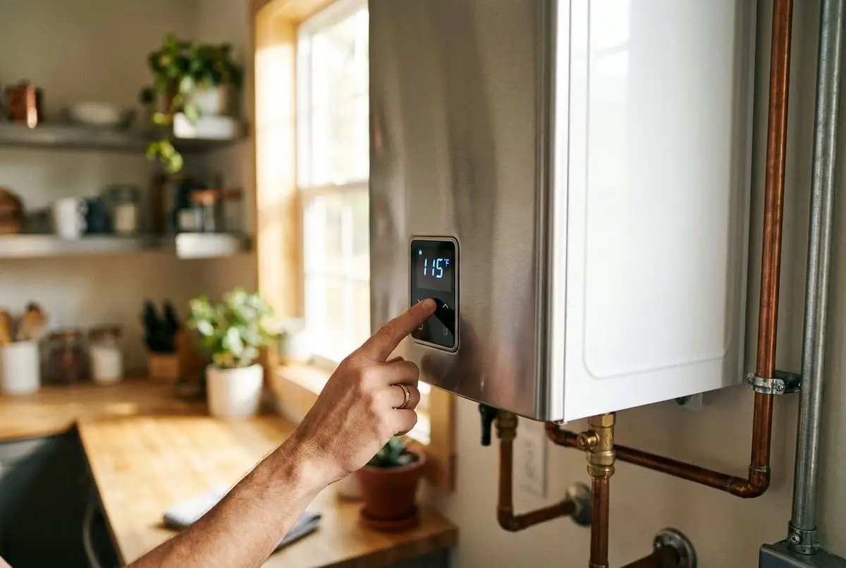 A hand adjusting the digital temperature control on a wall-mounted tankless water heater