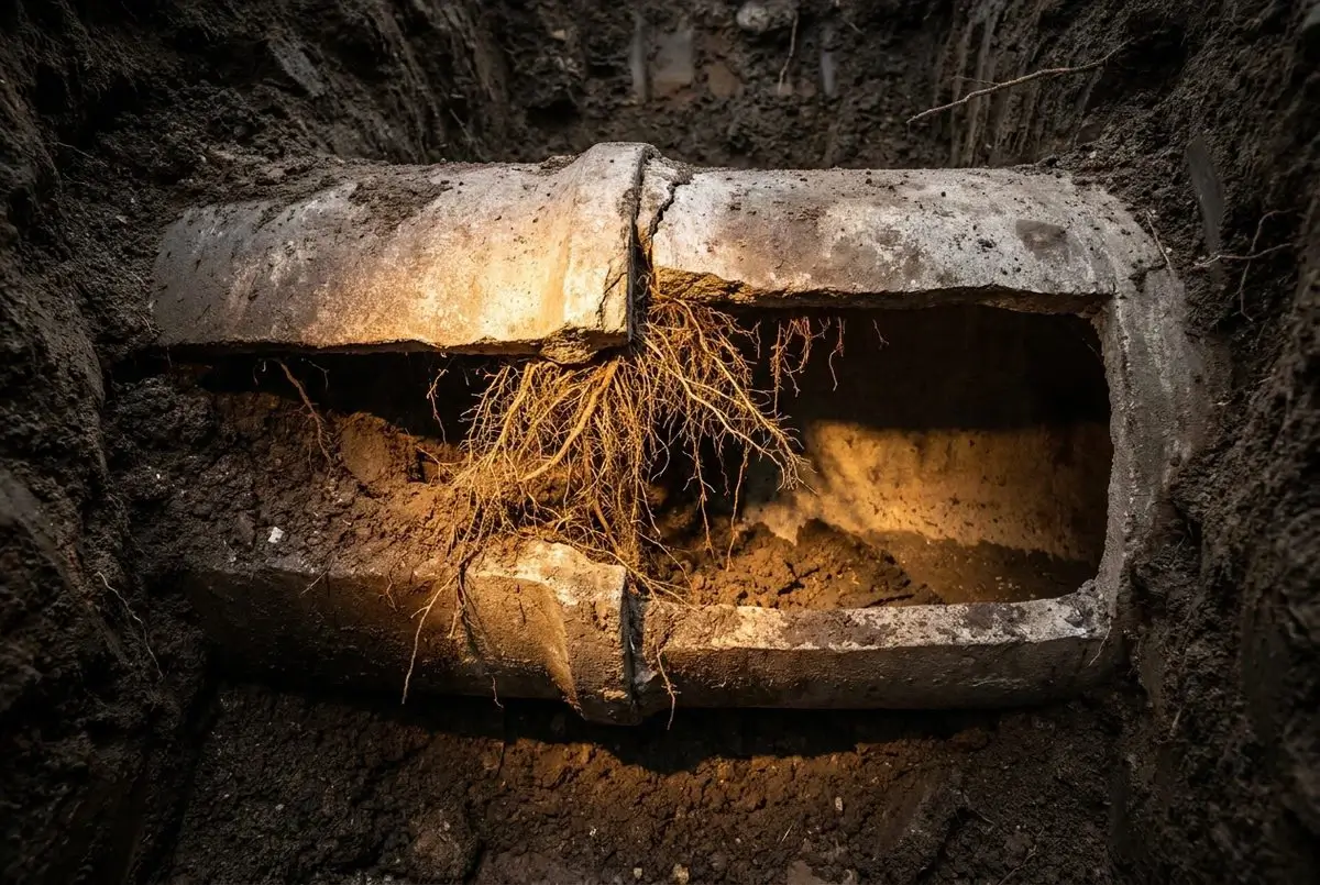 Tree roots intruding through a joint in an underground sewer pipe