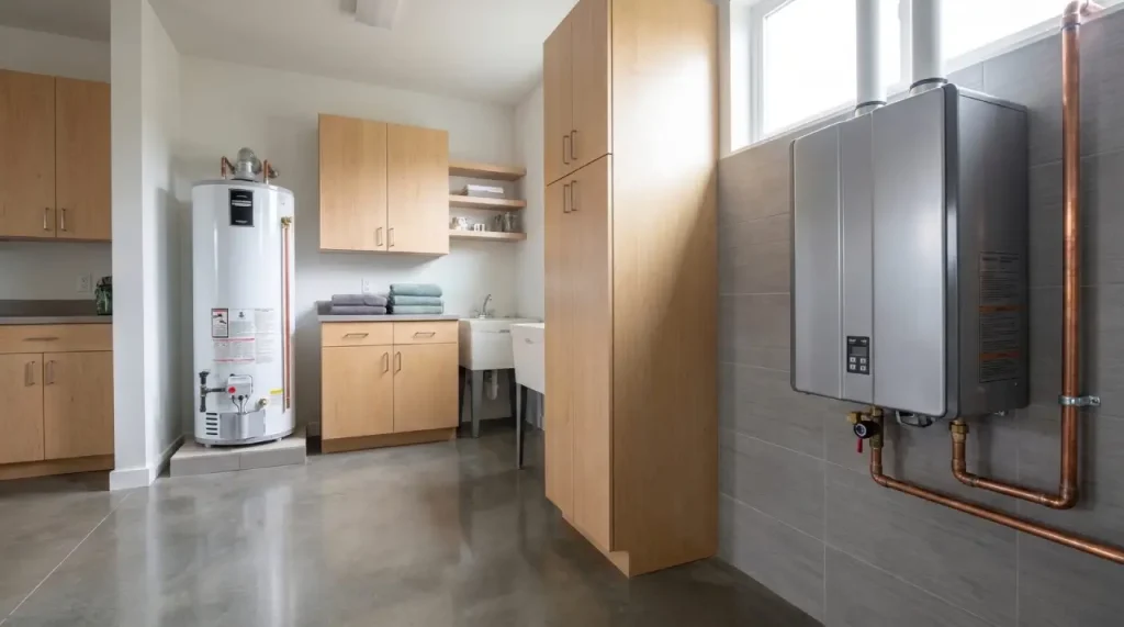 A traditional floor-standing tank water heater beside a wall-mounted tankless unit