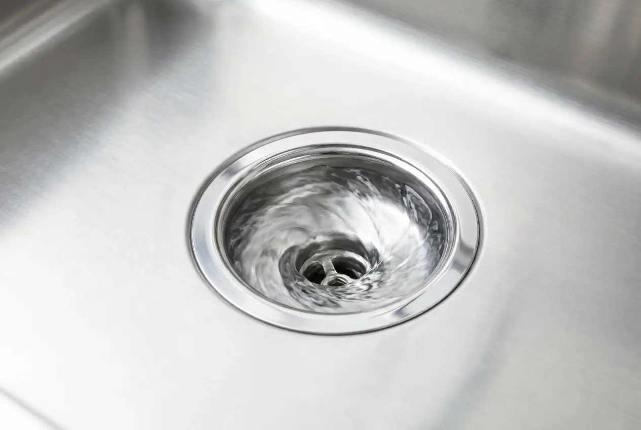 Water draining freely down a clean kitchen sink